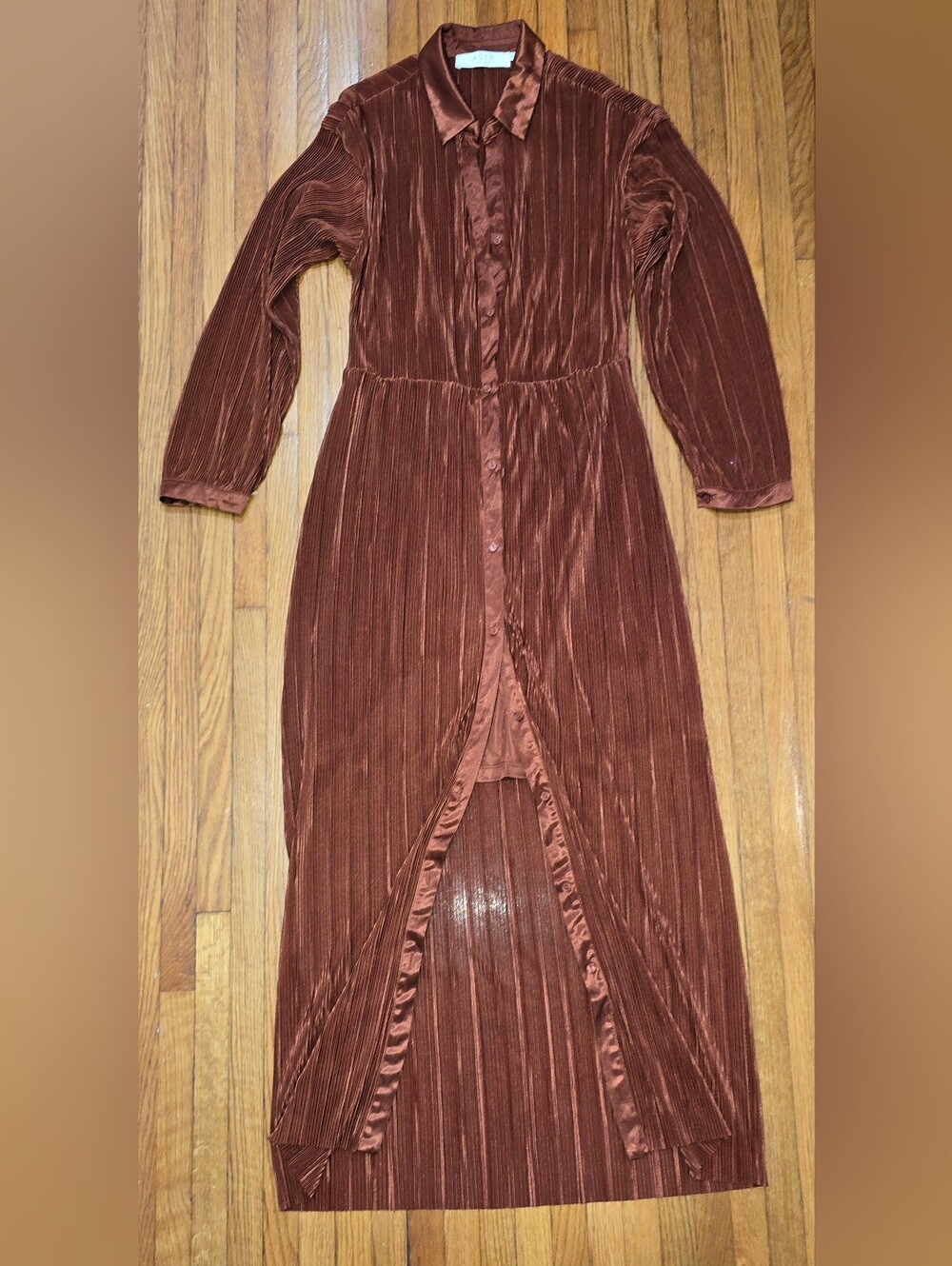 ASTR Rust Brown Pleated Button-Front Maxi Dress